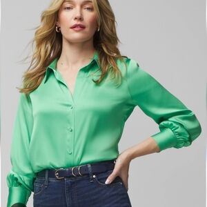 White House Black Market Green Satin Blouse Medium Smocked Cuff Button Front